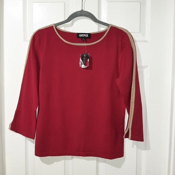 Kasper Stretchy Crop Sweater Knitted Top Red with Tan Accent 3/4 Sleeve Size M - Picture 10 of 13